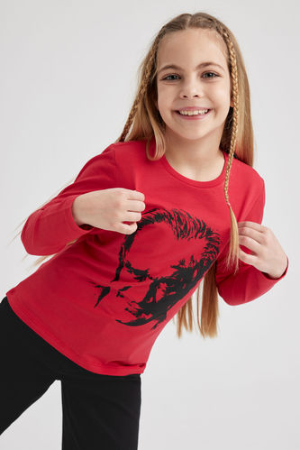 Kız Çocuk 23 Nisan Çocuk Bayramı Atatürk Baskılı Uzun Kollu Kırmızı Tişört
