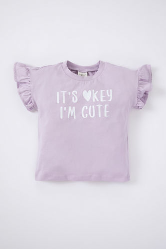 Baby Girl Crew Neck Slogan Printed Short Sleeved T-Shirt