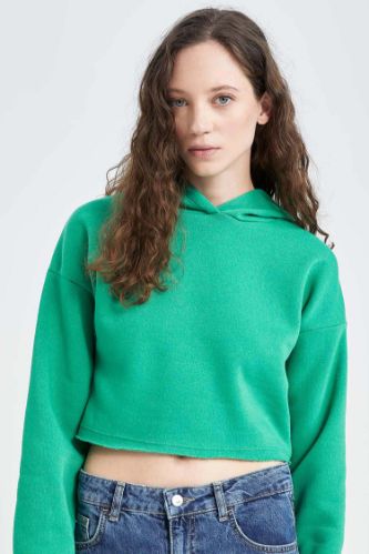 Crop Kapüşonlu Basic Düz Sweatshirt