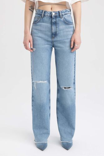 DeFacto X Wiser Wash 90's Wide Leg Yırtık Detaylı Kesik Uç Paça Jean %100 Pamuk Pantolon