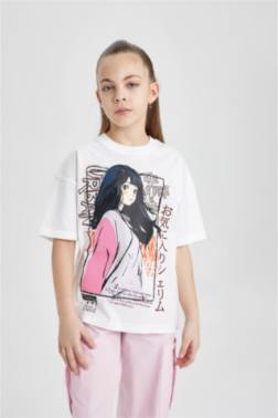 GİRL OVERSİZE FİT CREW NECK PRİNTED SHORT SLEEVE T-SHİRT