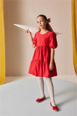 ROBE ROUGE EN COTON À MANCHES COURTES ET COL ROND POUR FİLLE