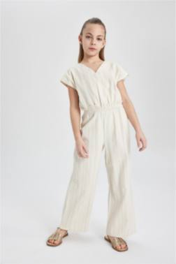 GİRL V-NECK SHORT SLEEVE COTTON LONG JUMPSUİT