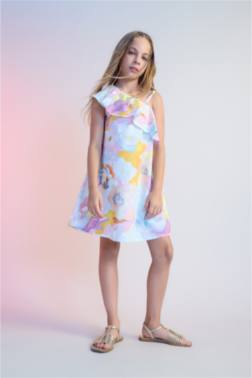 GİRL ONE SHOULDER PATTERNED POPLİN DRESS