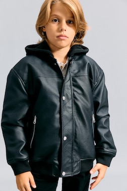 BOY WATER-REPELLENT DETACHABLE HOOD PLUSH LİNİNG BOMBER JACKET