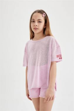 GİRL OVERSİZE FİT SLEEVE PRİNTED SHORT SLEEVE T-SHİRT