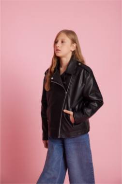 GİRL WATERPROOF ZİPPERED FAUX LEATHER JACKET