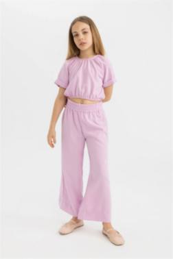 GİRL LİNEN SHORT SLEEVE BLOUSE TROUSERS 2 PİECE SET
