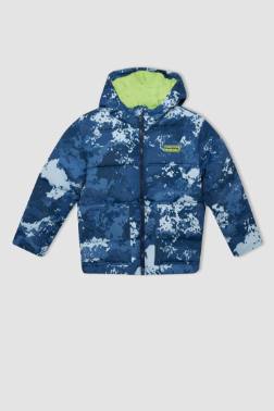 BOY WATERPROOF HOODED PATTERNED POLAR LİNED PUFFER JACKET