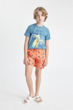 BOY PALM TREE PATTERNED T-SHİRT AND SWİM SHORTS 2 PİECE SET