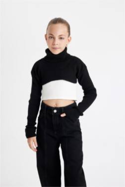 GİRL BLACK WHİTE TURTLENECK KNİTTED CROP PULLOVER