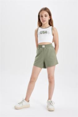 GİRL RİBBED CAMİSOLE PRİNTED T-SHİRT SHORTS 2 PİECE SET