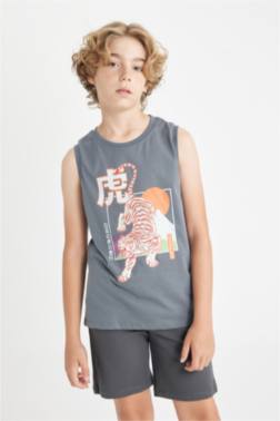 BOY CREW NECK TİGER PRİNTED SLEEVELESS T-SHİRT