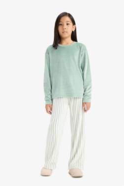 GİRL FLEECE TOP STRİPED BOTTOMS 2 PİECE PAJAMA SET