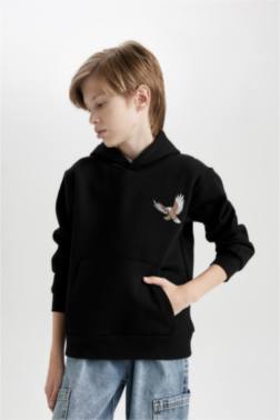 BOY PRİNTED HOODED THİCK BLACK SWEATSHİRT