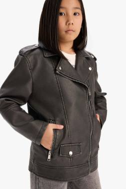 GİRL ZİPPERED DOUBLE POCKET FAUX LEATHER WATERPROOF JACKET