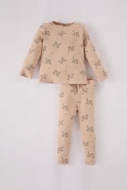BABY GİRL PATTERNED RİBBED TOP BOTTOM 2 PİECE PAJAMA SET