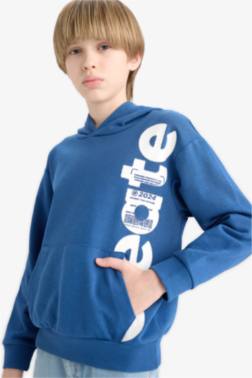 BOY HOODED KANGAROO POCKET PRİNTED SWEATSHİRT