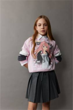 KIZ ÇOCUK RELAX FİT BİSİKLET YAKA BASKILI SWEATSHİRT