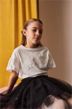 GİRL CREW NECK PRİNTED SHORT SLEEVE T-SHİRT