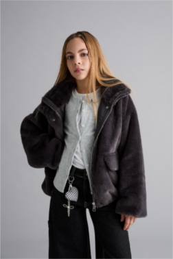 GİRL ZİPPERED POCKETS FAUX FUR BOMBER JACKET