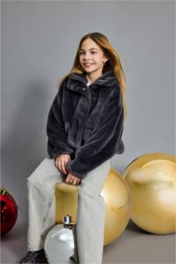 GİRL ZİPPERED POCKETS FAUX FUR BOMBER JACKET