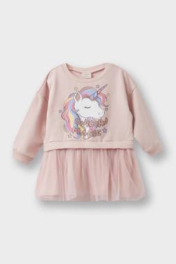 BABY GİRL UNİCORN PRİNTED LONG SLEEVE TULLE DRESS