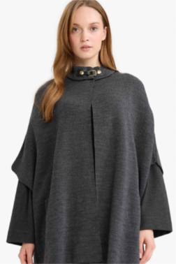 DİK YAKA TOKA DETAYLI TRİKO PELERİN