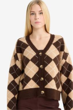 REGULAR FİT V YAKA BAKLAVA DESENLİ DÜĞMELİ HIRKA