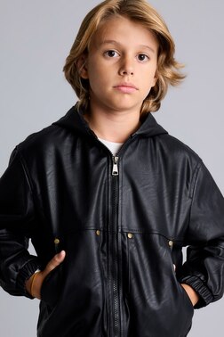 BOY LEATHER LOOK HOODED JACKET