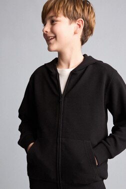 BOY THİCK COTTON ZİP-UP HOODED SWEATSHİRT WİTH KANGAROO POCKET