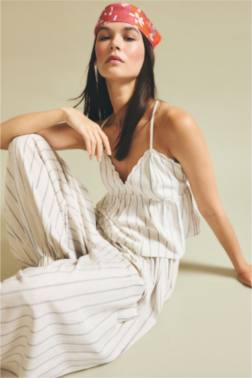 REGULAR FIT ÇİZGİLİ KETEN KARIŞIMLI ASKILI BLUZ