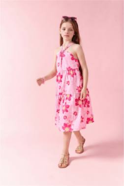 ROBE EN COTON À BRETELLES İMPRİMÉE FLEURS POUR FİLLE