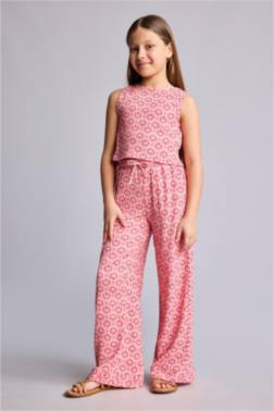 ENSEMBLE À MOTİFS EN TİSSU FROİSSÉ TOP SANS MANCHES ET PANTALON LARGE POUR FİLLE