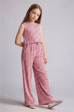 ENSEMBLE ROSE CLAİR EN TİSSU FROİSSÉ TOP SANS MANCHES ET PANTALON POUR FİLLE