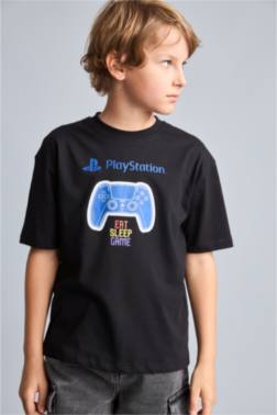 BOY PLAYSTATİON PRİNTED OVERSİZE BLACK T-SHİRT