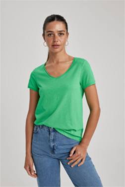 T-SHIRT COUPE RÉGULIÈRE À MANCHES COURTES 100% EN COTON ET COL EN V