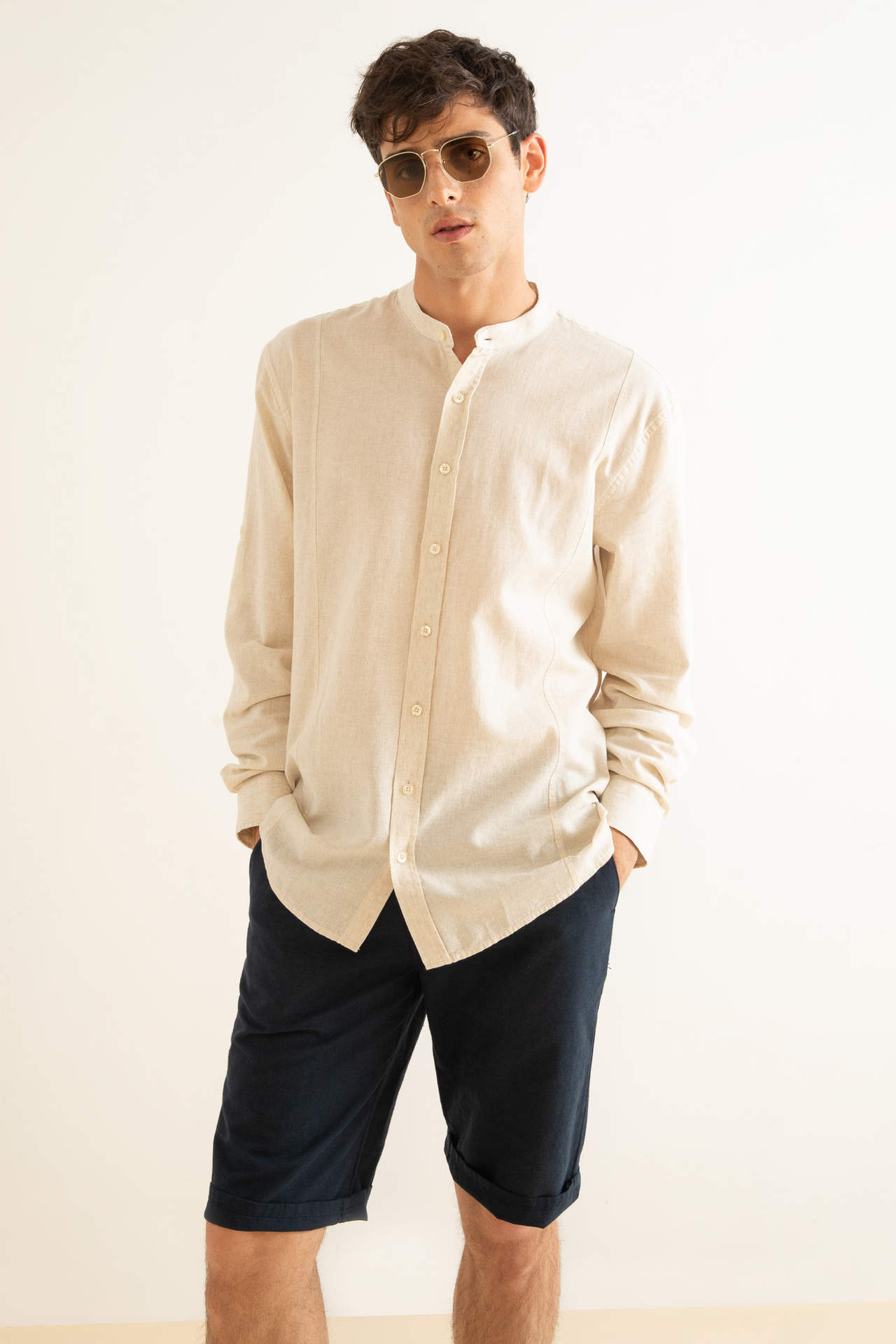 Khaki MAN Modern Fit Straight Collar Long Sleeve Linen Shirt 2464403 ...