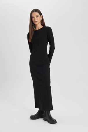 Fabulous Encounters Black Satin Long Sleeve Midi Dress