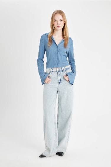 Coool Fitted Basic Düz Düğmeli Uzun Kollu Crop Gömlek