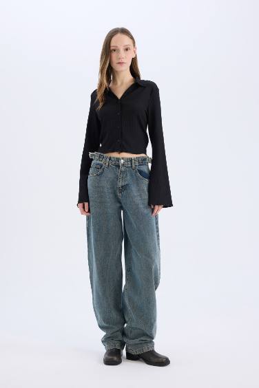 Coool Fitted Basic Düz Bürümcük Uzun Kollu Crop Gömlek