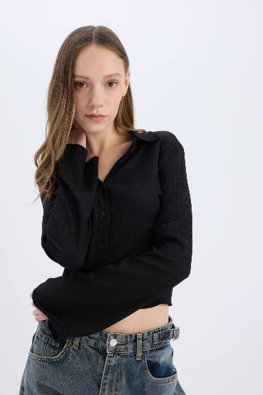 Coool Fitted Basic Düz Bürümcük Uzun Kollu Crop Gömlek