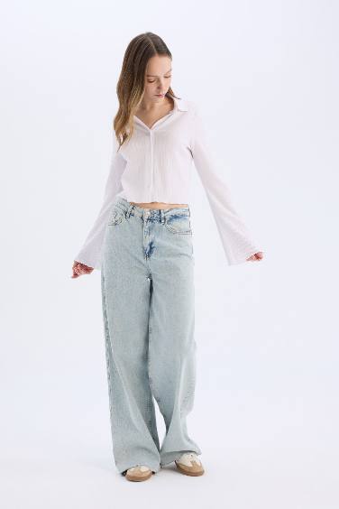 Coool Fitted Basic Düz Bürümcük Uzun Kollu Crop Gömlek