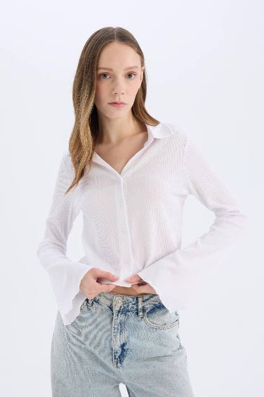 Coool Fitted Basic Düz Bürümcük Uzun Kollu Crop Gömlek