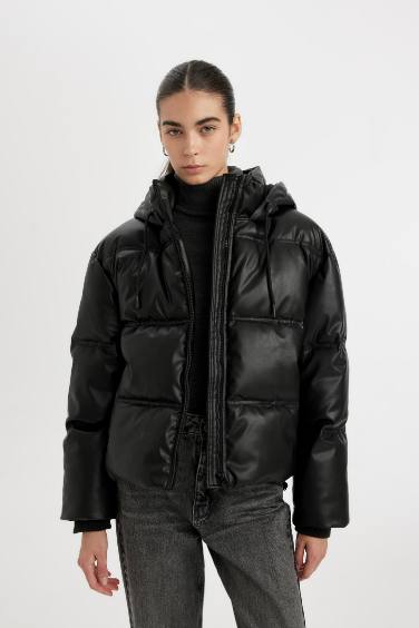 Waterproof Regular Fit Faux Leather Puffer Jacket