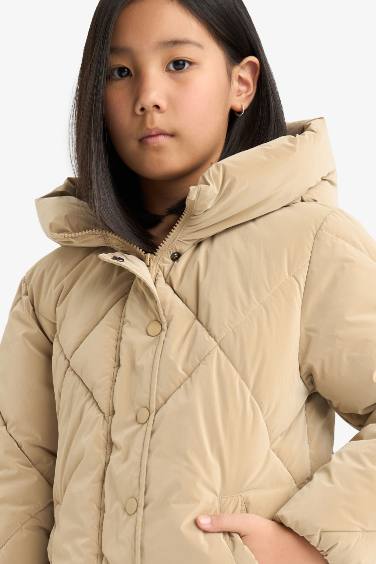 Girl Hooded Zippered Buttons Quilted Jacket