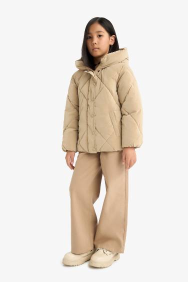 Girl Hooded Zippered Buttons Quilted Jacket