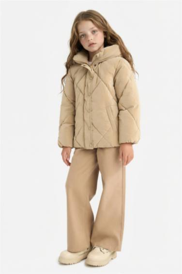 Girl Hooded Zippered Buttons Quilted Jacket