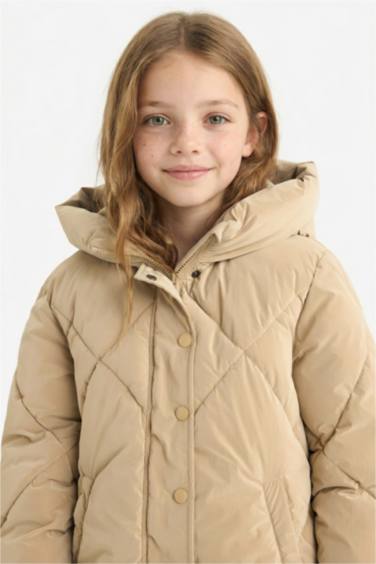 Girl Hooded Zippered Buttons Quilted Jacket