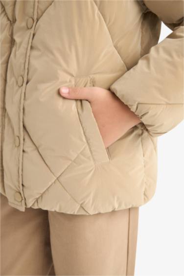Girl Hooded Zippered Buttons Quilted Jacket